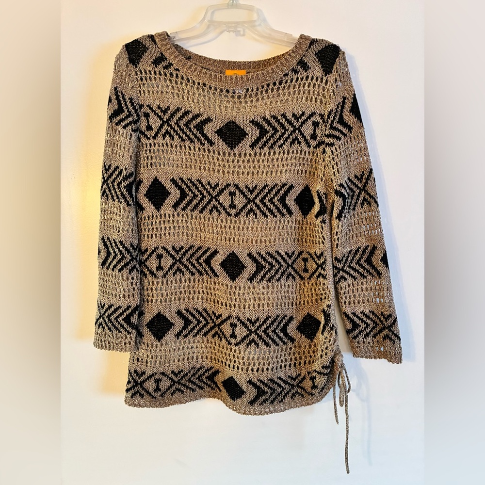 Ruby Rd. Open Weave Top, Sz. L, Black/ Gold Metallic, 3/4 Sleeves, Aztec Design